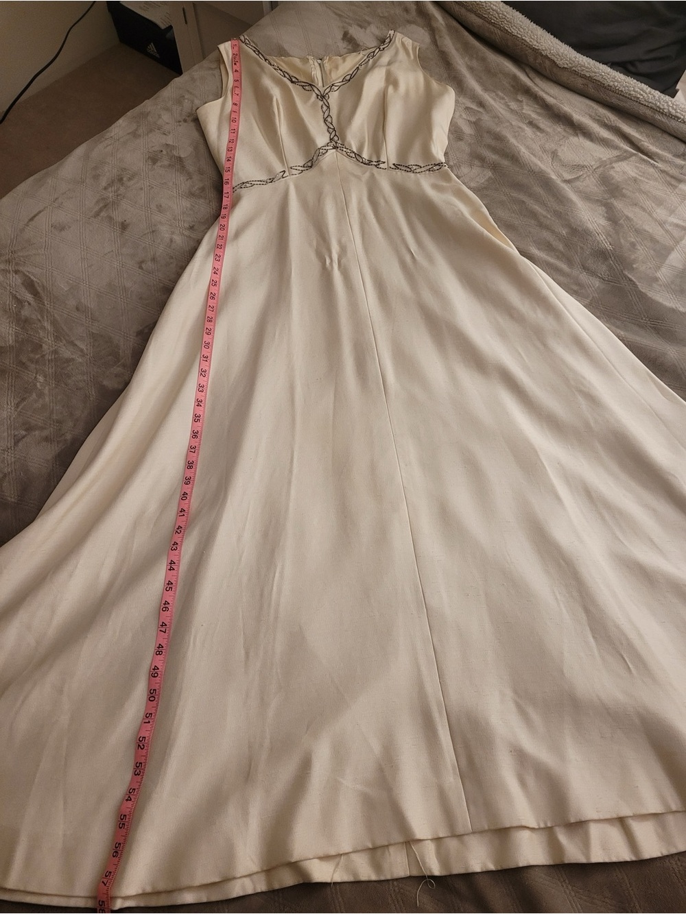 Vintage Cream Beaded V-Neck Dress with Brown Embroidery beading - Picture 7 of 7